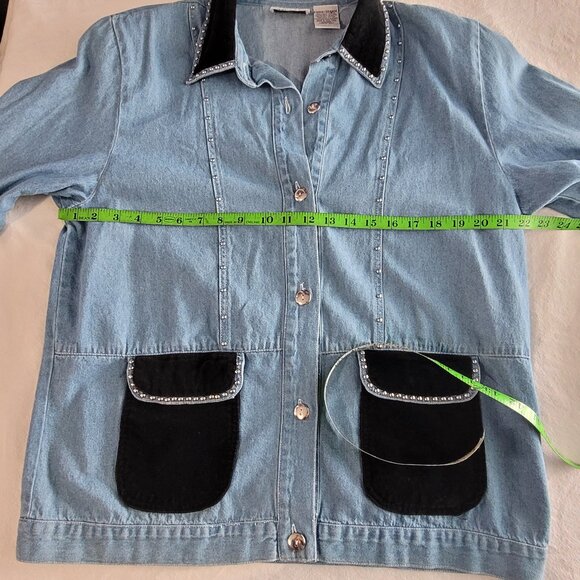 VTG AT EASE COTTON DENIM STUDDED EMBELLISHED VELVET TOP BLOUSE EUC L - Picture 8 of 10